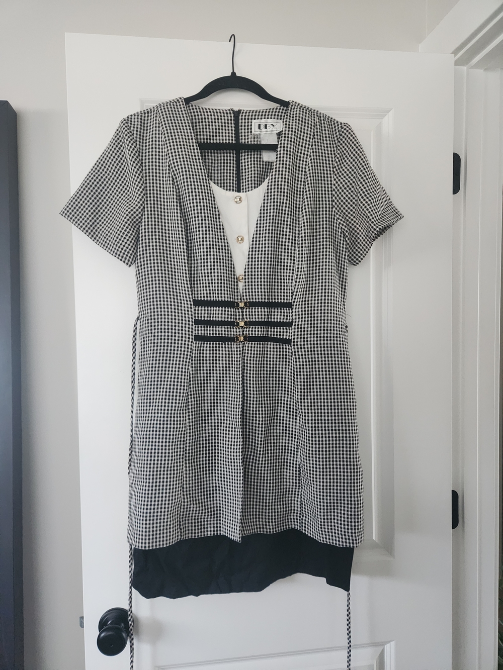 VINTAGE Black & White Gingham Short Sleeve Dress with Brass Buttons
